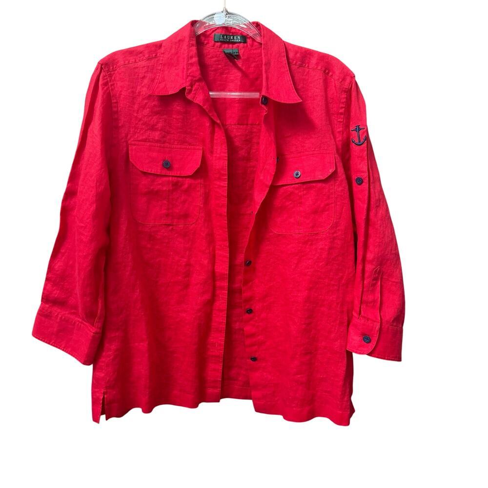 Ralph Lauren Red Linen Button Down Size Large Embroidered Anchor Nautical Top